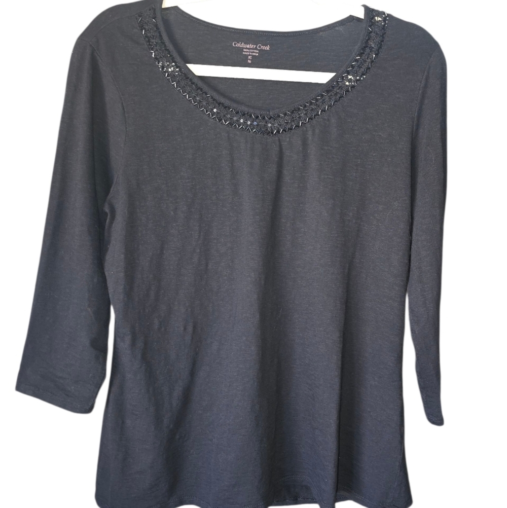 Coldwater Creek Xl Black Top Beautifully Beaded N… - image 1